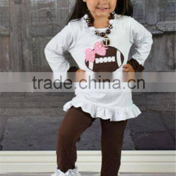 white and brown fall cotton long sleeve ruffle with pink bow Boutique outfits