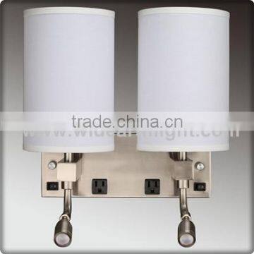 UL CUL Listed Brushed Nickel Double Hotel Wall Lamps With Outlets And Switches At Back Plate W20268