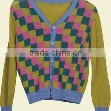 children's v-neck cube block jacquard button cardigan sweater