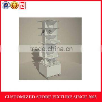 White color wood rotating gift display rack with wheels for retail