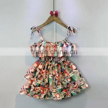 Hot Sale Cute Summer Cartoon Baby Girl Frill Dress with Spaghetti Strap