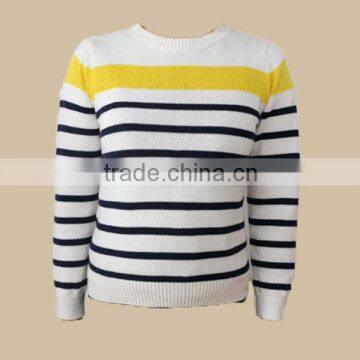 Kids warm soft comfortable long sleeve navy and white stripe ful cotton knit wear sweater with printing/pullover sweater