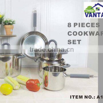 modern kitchen designs 8pcs induction stainless steel cookware set including saucepan /casserole /stock pot /milk pot/ frypan