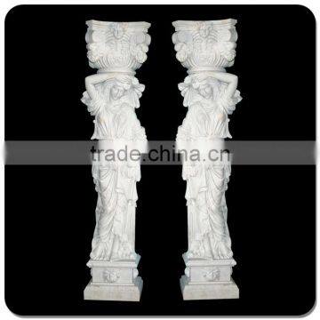 Roman art pillar ionic cap marble stone column with girl statue