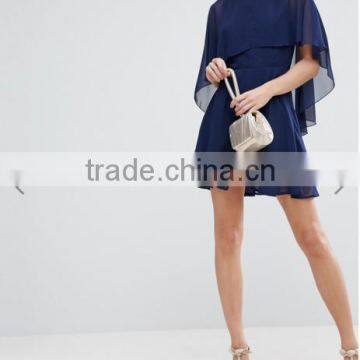 OEM Service Supply Type And Evening / Formal Dresses Type Elegant Evening Dress/ Navy Chiffon Dip Back Cape Mini Dress photo-4
