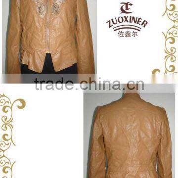 Rose fake PU leather jacket for woman. soft PU clothes