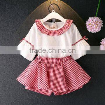 Kids Clothes Speaker Sleeve White Shirt Round Collar Match Gingham Skirt Short Pants Fashion Clothing Set For Children photo-4