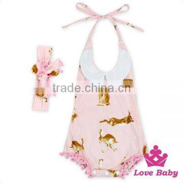 HYB140 Lovebaby Wholesale Easter Day Girls Halter Rompers Rabbits Print Romper With Neck Ruffle Stylish Baby Girl Romper