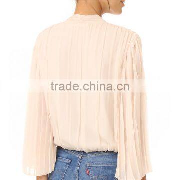 2017 OEM Long Bell Sleeves Surplice Neckline Deep Pleated Blouse photo-4