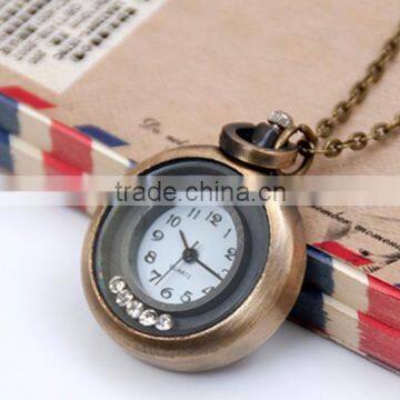 Retro design Round shape with Rhinestones Snooth Pocket Watch Necklace