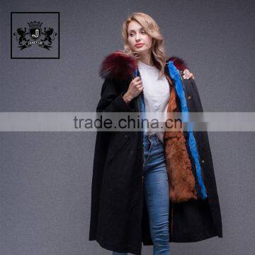 Newly fashionable women long sleeve winter real raccoon fur collar real rabbit fur lined parka with embroidery