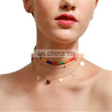 Colorful Rope Braided Multi - Layer Sequins Copper Beads Pendant Choker Necklace