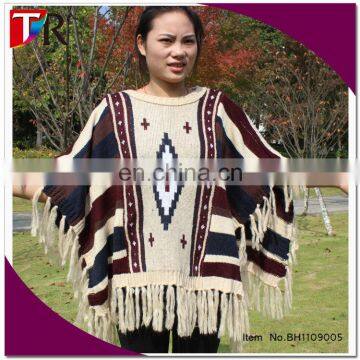 New bohemian style lady woolen poncho knit winter sweater shawl with taseel