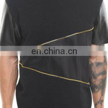 mens fashion t shirts with PU Leather with zip - man newest fashion leather body t shirts