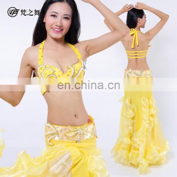 Taiwan hot sales ballroom beaded long belly dance bra and belt and skirt set