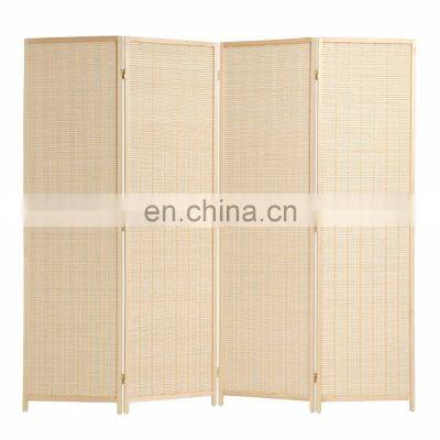 6 foot Tall Beige Freestanding wood Bamboo 4 Panel Double Hinged Room Divider Screen