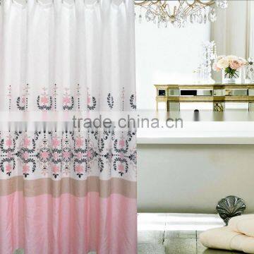 100% polyester pink flower printed waterproof shower curtain