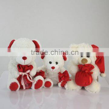 Plush Toy Christmas Bear Holdinng Candy Bag/Luck Soft Gift Toy Bear with Plush or Plastic Candy Bag /Stuffed Toy Bear in Clothes