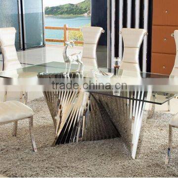 2016 Fashion Factory Supply Natural Glass Top Stainless Steel Leg Dining Table Set