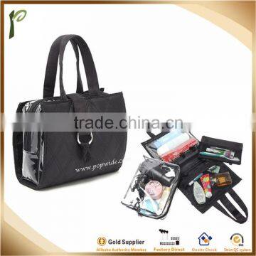 Popwide 2015 Hot Selling Black PVC+Polyester Large Capacity Fashionable Ladies Travel Handbag