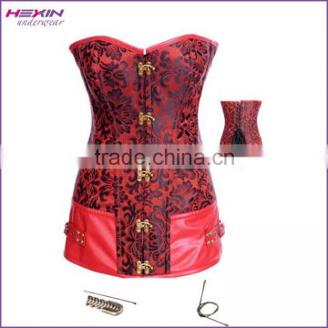 Adult Women High Quality Steel Boned Embroidery Red Leather Extra Long Lenth Steampunk Corset