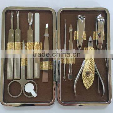 Snake skin pattern print golden case 11pcs stainless steel manicure set