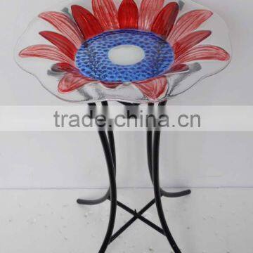 Glass flower with metal bird bath