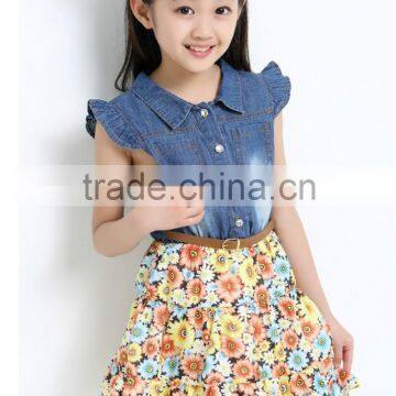 3 Colors Floral Print Kids Jeans Dress photo-3