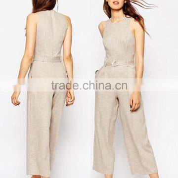 Linen Round Neckline Sleeveless Belt Waist Made in China Long Jumpsuit
