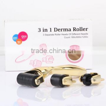 3 in 1 Derma Roller 3 Separate Roller Heads of Different Needle Count 180c/600c/1200c in 1mm Size Made of Sterilized Titanium