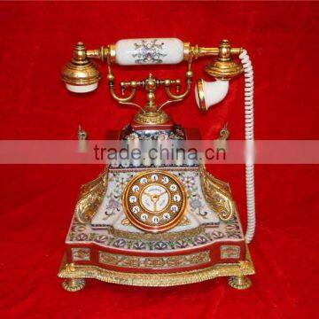 Antique Curio Ceramic Telephone Table Clock, Gold Plated Brass Footed Desk Clock, Collectable Home Decorative Table Clock photo-4