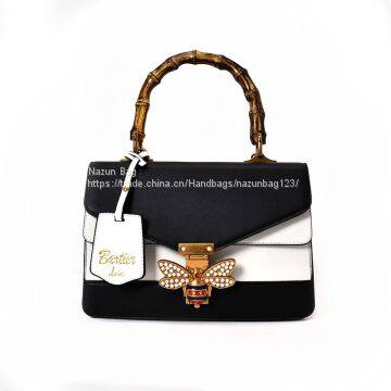 2017 New Design Color Match Beautiful Bamboo Handle Custom-made Small Pu Leather Shoulder Bag Ladies Handbag