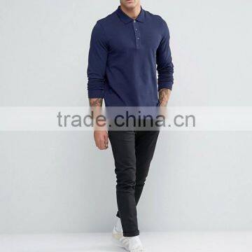 Custom Long Sleeve Button Placket Men's 100% Cotton Breathable Pique 200g Casual Navy Polo Shirt photo-4