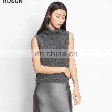 Women Grey Chunky Rib Cashmere Sleeveless Turtleneck Sweater