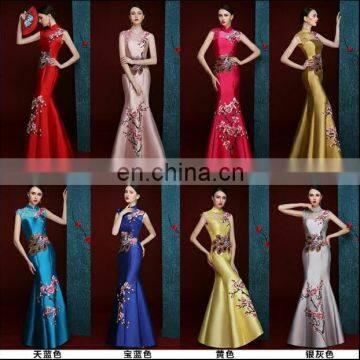 Hot Sale China Elegant Gown Embroidered High Neck Sleeveless Mermaid Floor Length Satin Prom Dress