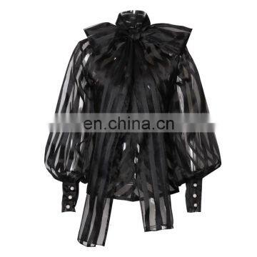 TWOTWINSTYLE Striped Bow Collar Lantern Sleeve Loose Lace Up Women's Shirts 2020 photo-3