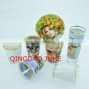 2oz shot glass with white panel gold rim,golden edge small sublimation glass,blank custom tass