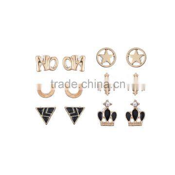 Gold Plated Black Rhinestone Enamel Crown Triangle Snowflake Star Horseshoe NO Word Personalized Design Stud Earrings Set