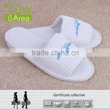 white waffle open toe slipper with logo embroidered and printed