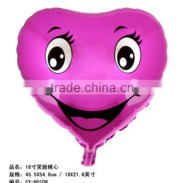 2016 wholesale 18'' heart shape foil balloon with smile face ,