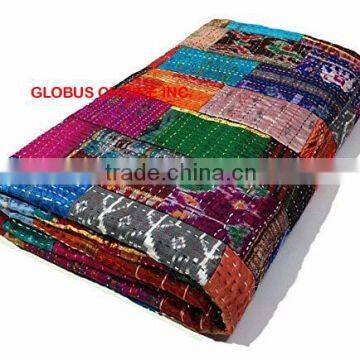 Indian Handmade Quilt Twin Kantha Bedspread Cotton Blanket Multicolor Boho Hippie Jaipur