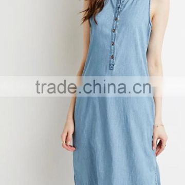 women clothing Side-Slit sleeveless rond collar water wash wholesale long denim skirts