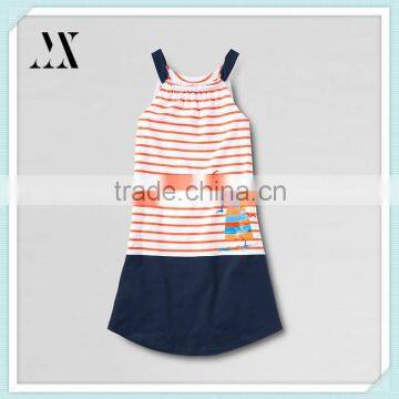 Kid clothes grils gathered front graphic knit strap sleeveless stripe tank dress curved hem girls party dress