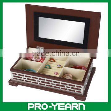 Wooden Decorated Cosmetic Jewelry Gift Boxes with Mirror and Compartments and Flip Lids Top and Foot for Home and Personal Use