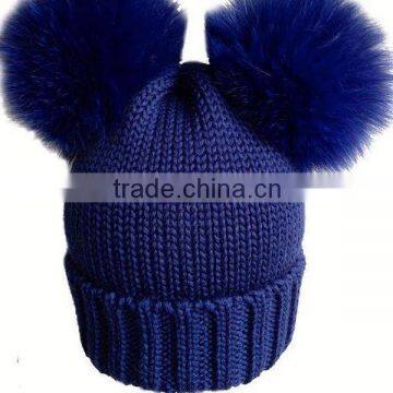 New Arrival Knitted Merino Wool Baby Beanie Hat with Two Fox Fur Pom Balls for Cute Baby