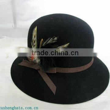 Wool Felt Hats Ladies Winter Hat Black Feather BucketHat