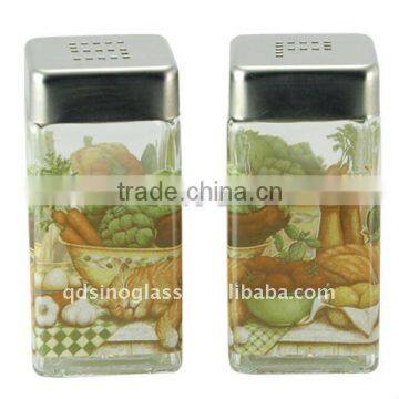 SINOGLASS 2 pcs square shape galss Salt & Pepper set with Lazy chef decal