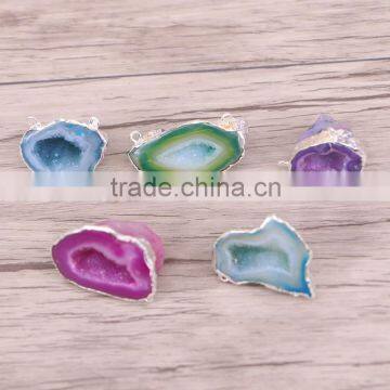 Silver Plated Natural Agate Geode Druzy Connector Double Bails Gemstone Druzy Jewelry Mix Color Quartz Geode Jewelry Beads