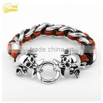 mens braided stainless steel skull charms leather bracelet brown