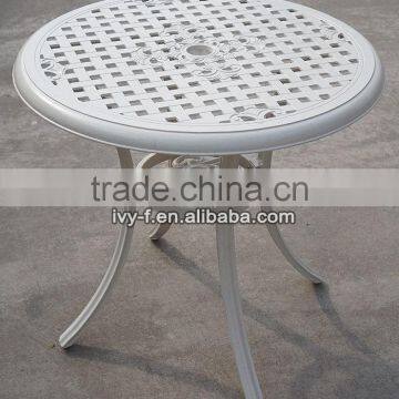 outdoor furniture metal cast aluminum round table white color mesh design tabletop with umbrella hole assembly #IVY14219-1